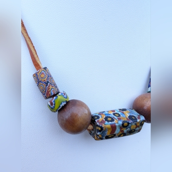 Vintage Venetian Millefiori & Wood Beads Leather Strap Choker Necklace - Picture 2 of 5